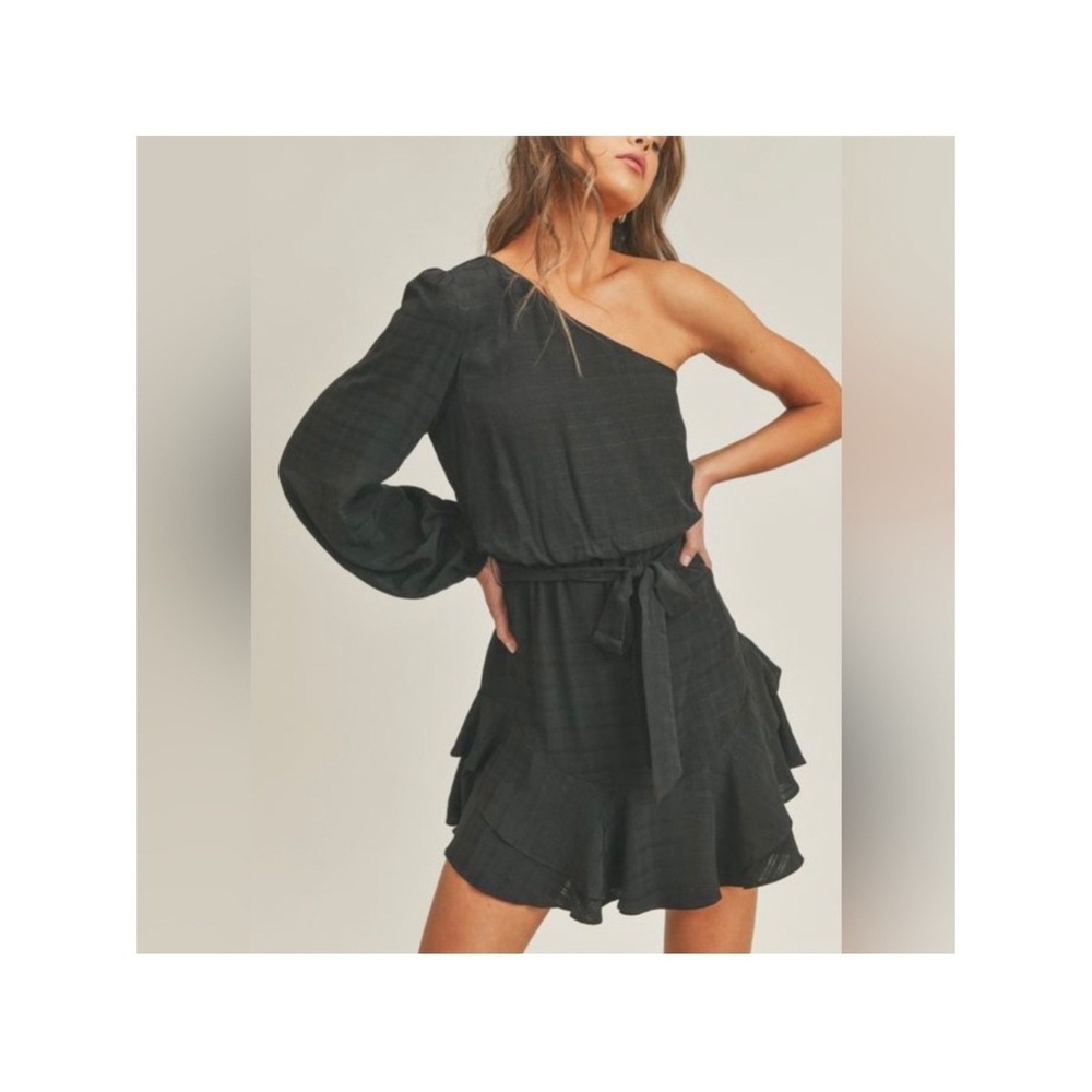 Lush One-Shoulder Black Ruffled Mini Dress